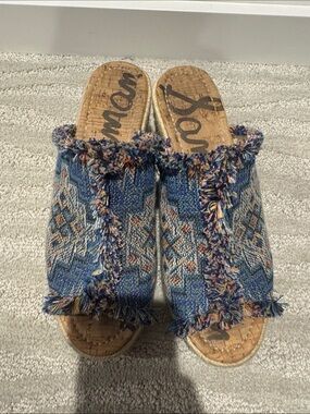 Sam Edelman Blue Multicolor Woven Fringe Mules